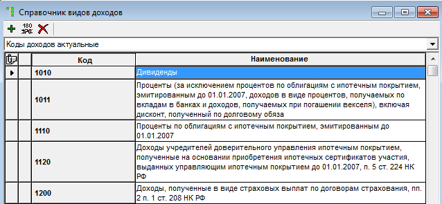 Справочник видов оплаты. Коды видов доходов.